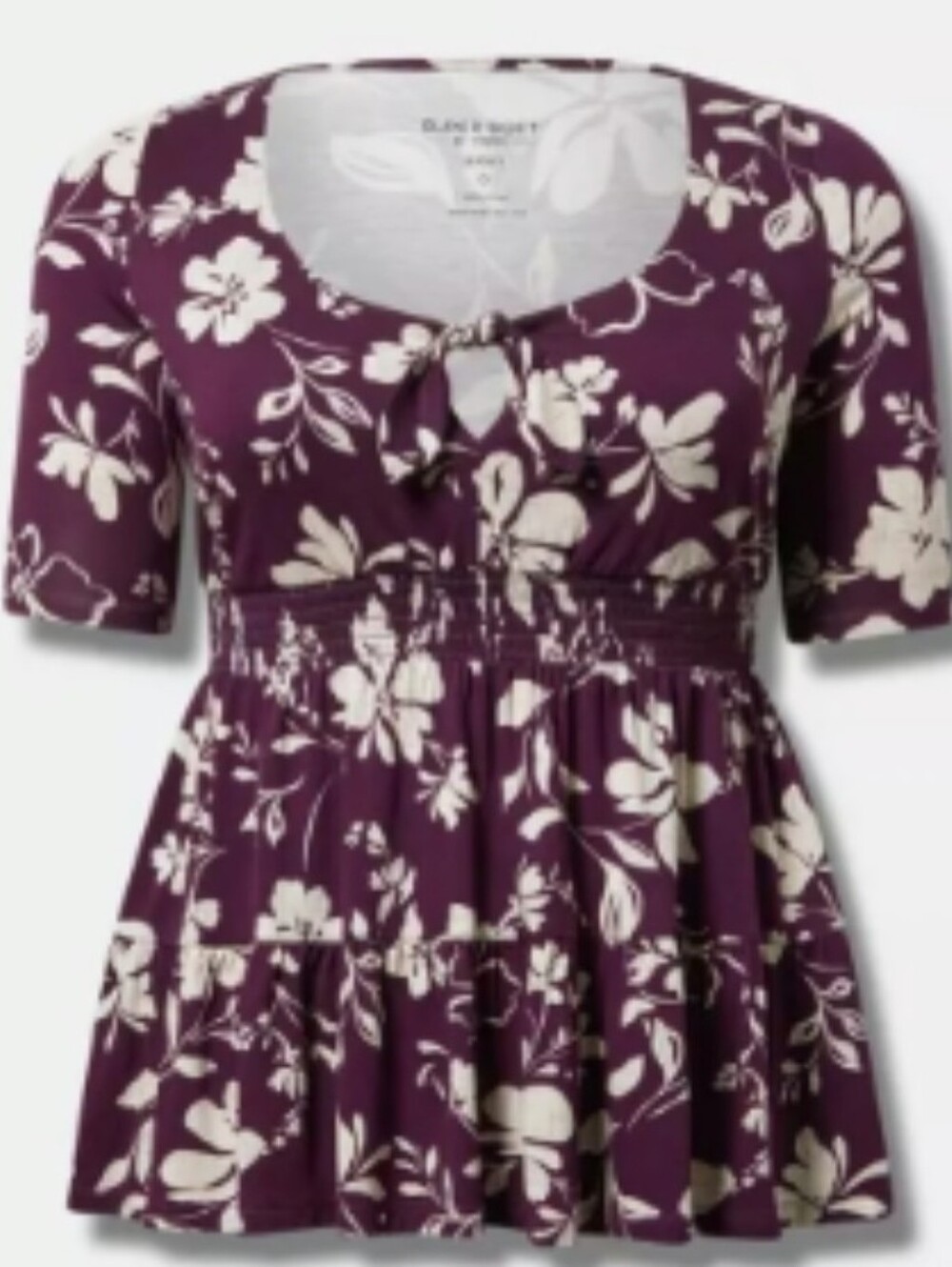 Torrid Tie Front Short Sleeve Babydoll Peplum Top- Plum Floral 1X - Picture 2 of 10